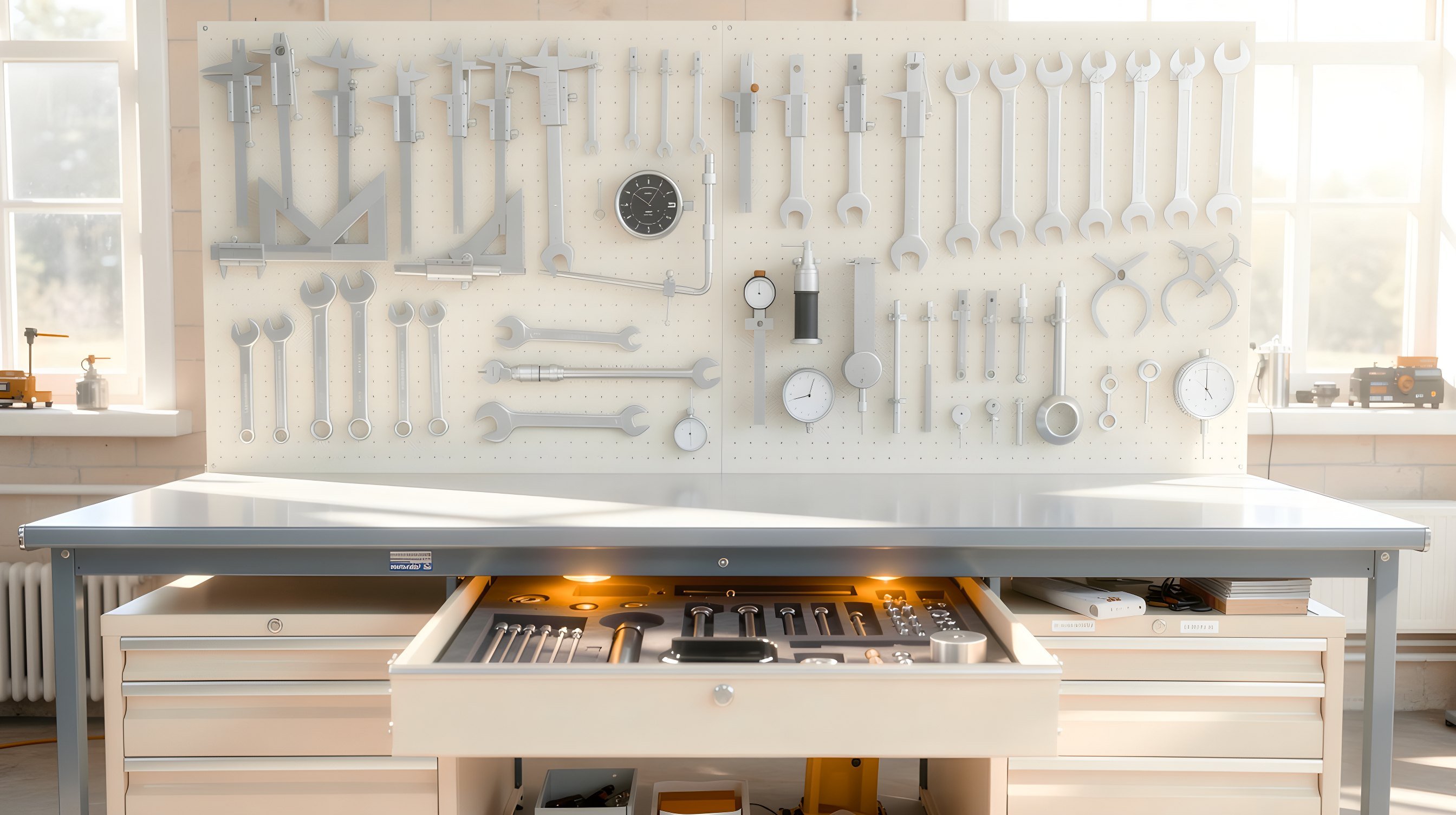 Illustration: a machinist's tool wall with every tool hanging in its own place, and one bench drawer open under an amber lamp.