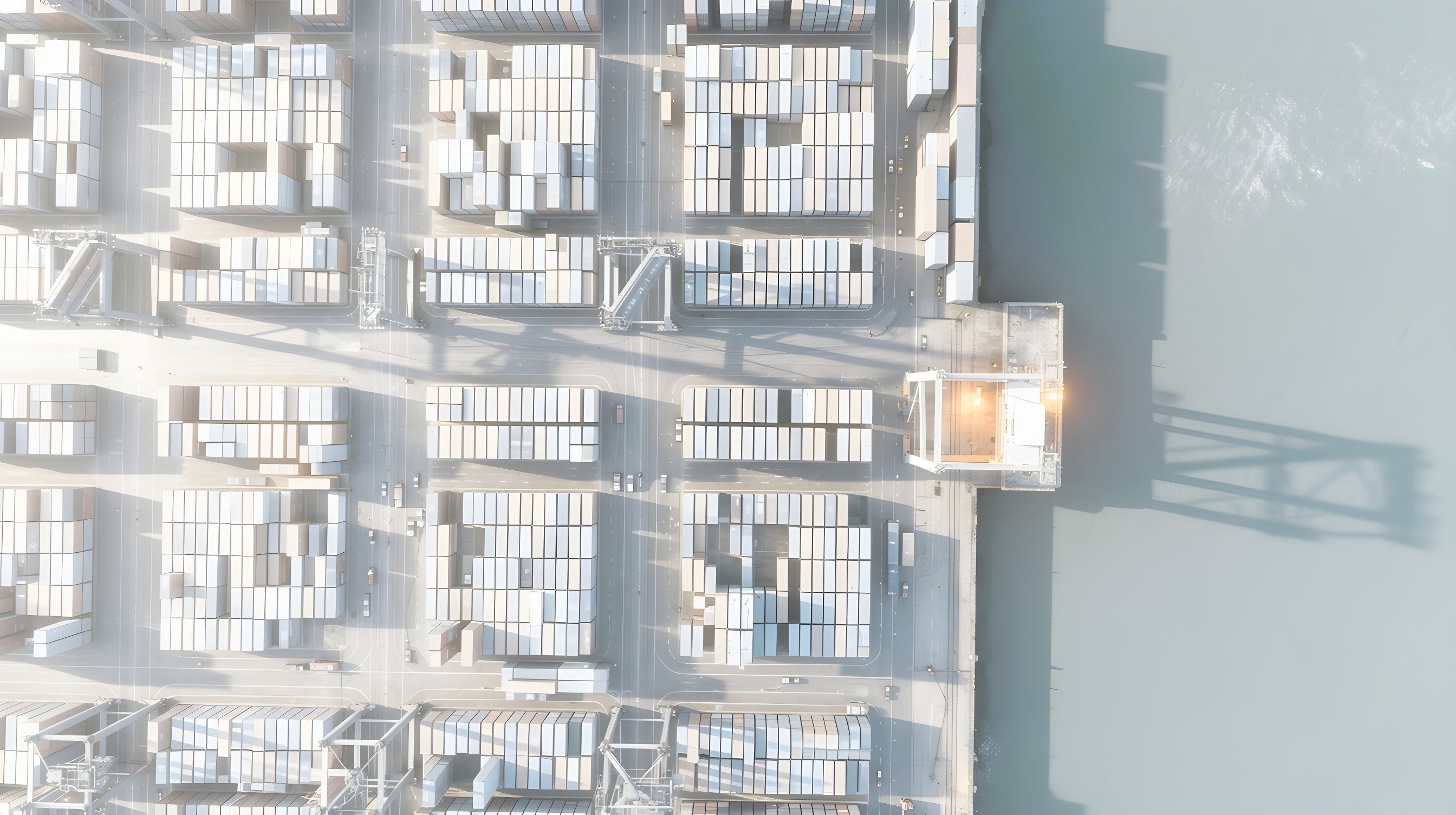 Illustration: an aerial view of a container port, orderly blocks of containers along a dark harbor and one gantry crane lit amber at a berth.