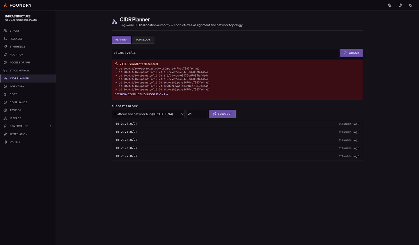 The CIDR planner checking a block against the allocation ledger, showing seven conflicts and suggested non-overlapping blocks below.