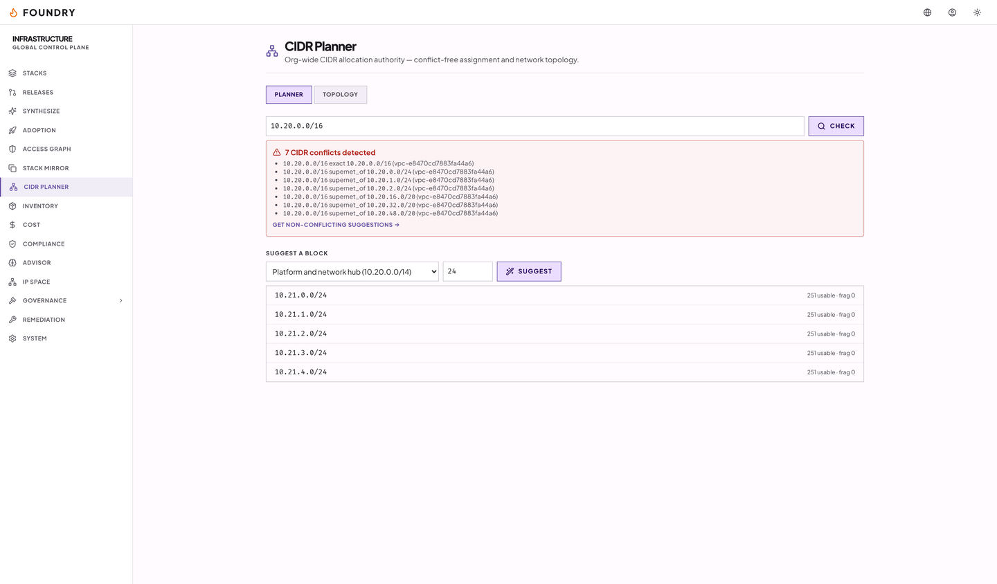 The CIDR planner checking a block against the allocation ledger, showing seven conflicts and suggested non-overlapping blocks below.