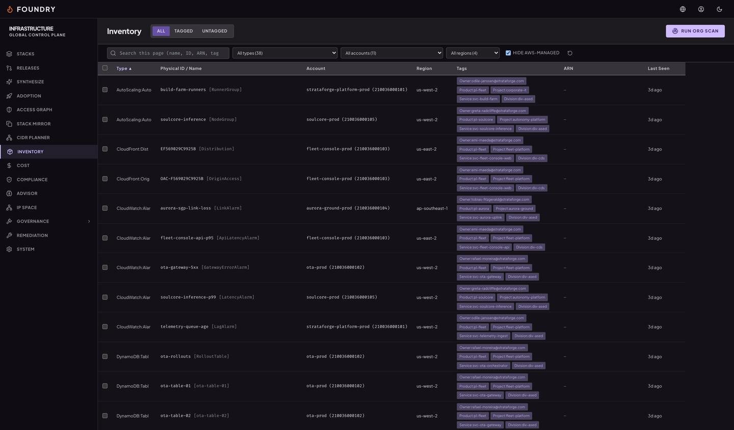 Foundry's inventory table of resources across StrataForge's AWS accounts, with type, account, region, and owner, product, and service tags.