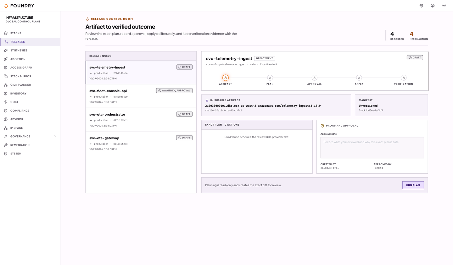The releases control room: a queue of release candidates and the steps artifact, plan, approval, apply, and verification.