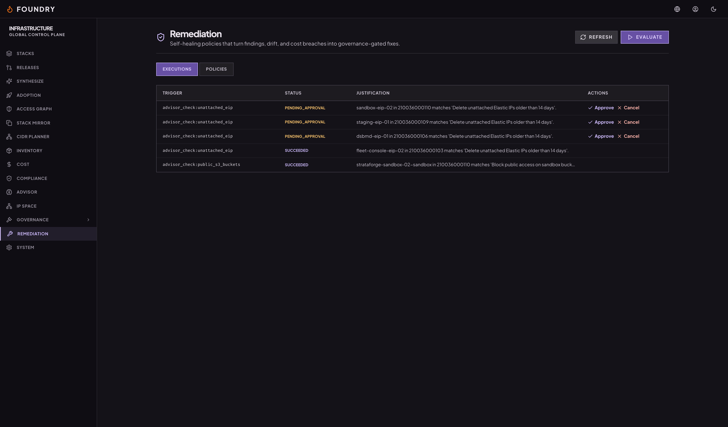 The remediation page: executions awaiting approval or already succeeded, each tied to the advisor check that triggered it.