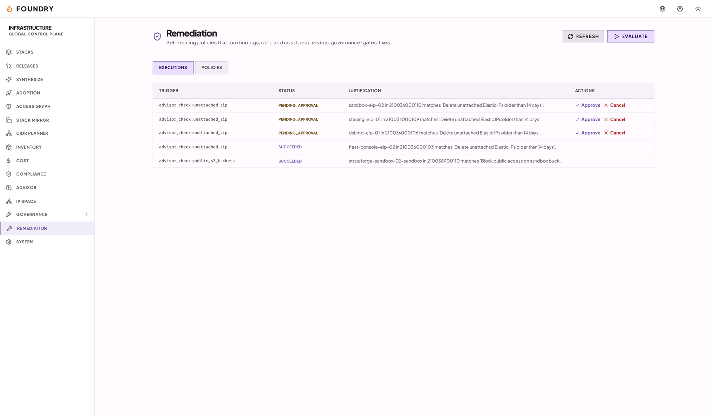 The remediation page: executions awaiting approval or already succeeded, each tied to the advisor check that triggered it.