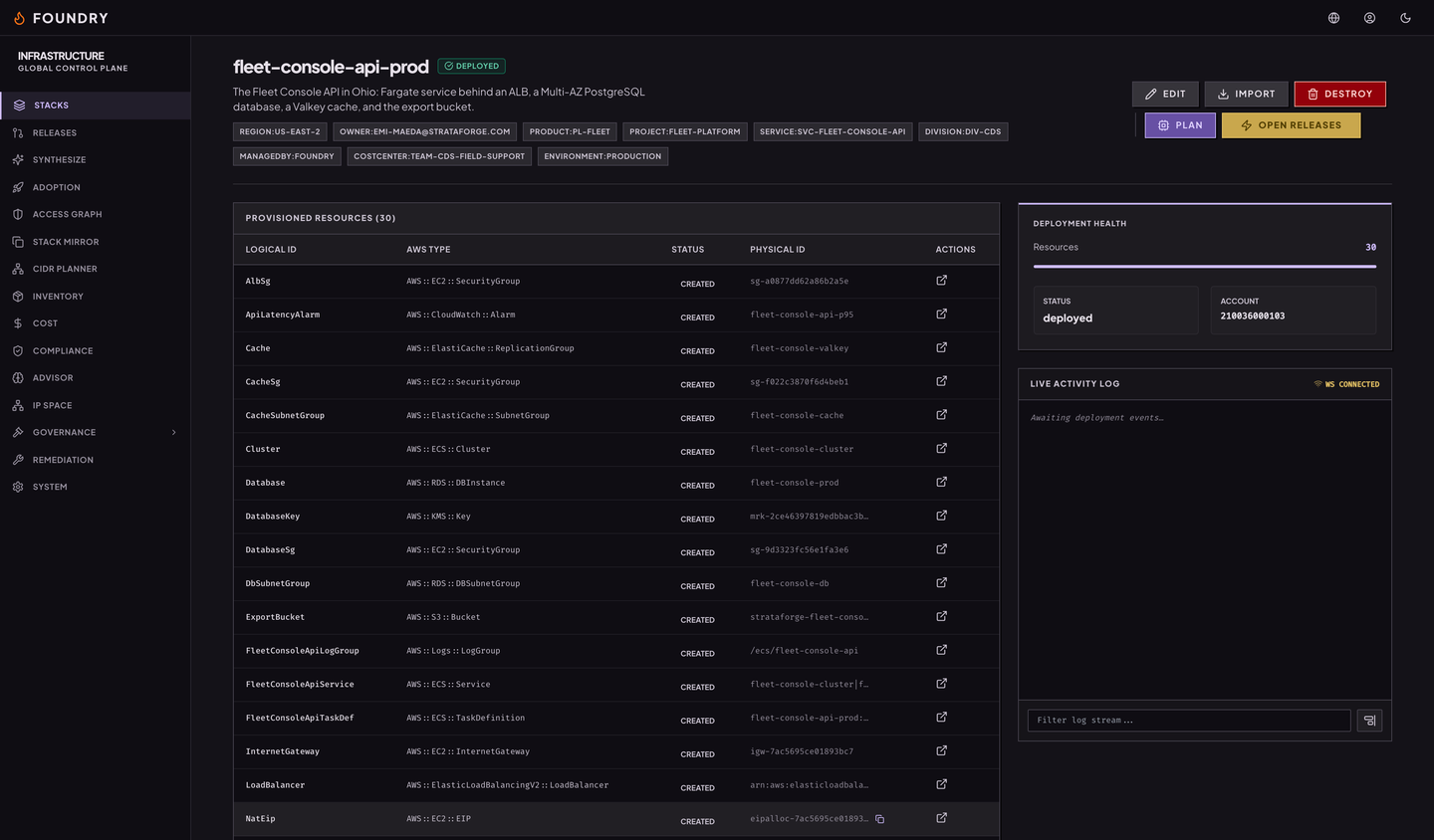 A stack's resources tab listing each logical ID, its AWS type, status, and physical ID, with deployment health beside it.