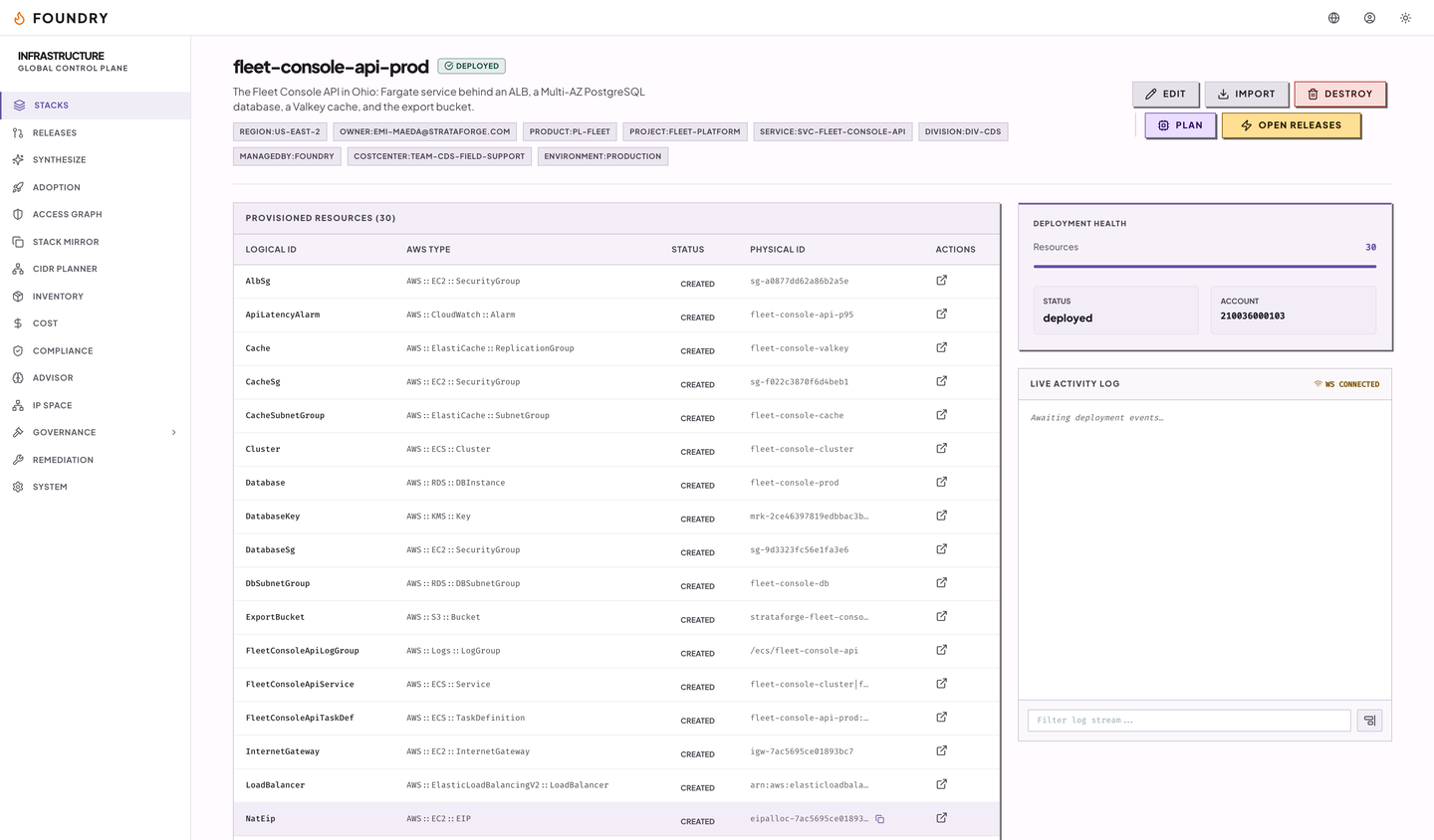 A stack's resources tab listing each logical ID, its AWS type, status, and physical ID, with deployment health beside it.