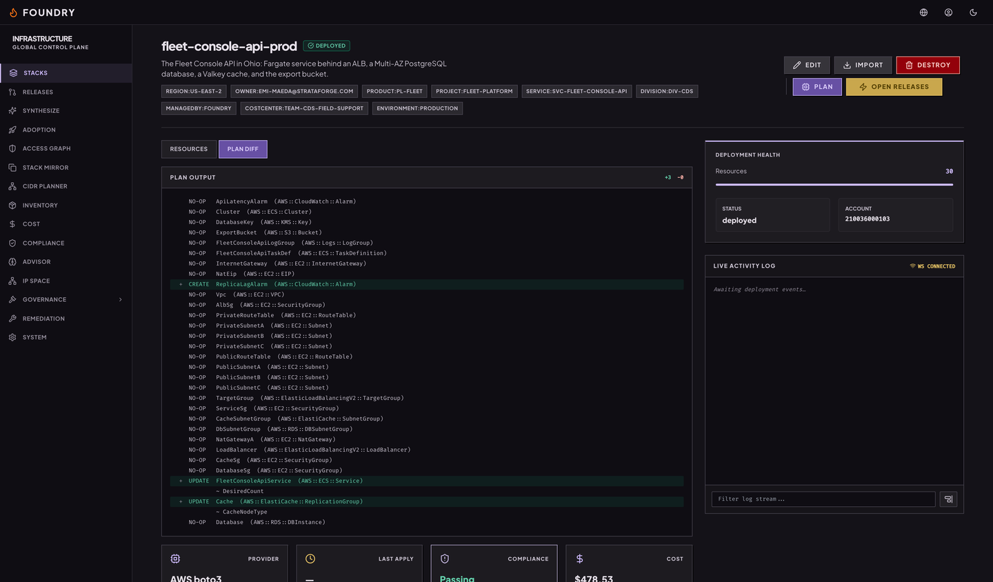 A plan diff for the fleet-console-api-prod stack: unchanged resources marked no-op, one alarm to create, and two resources to update.