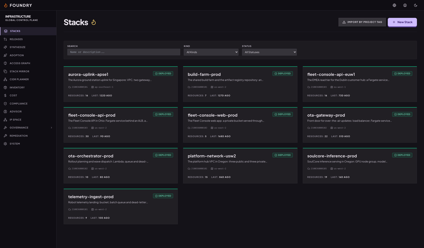 Foundry's Stacks page: ten StrataForge Robotics stacks as cards, each marked deployed with its account, region, and resource count.