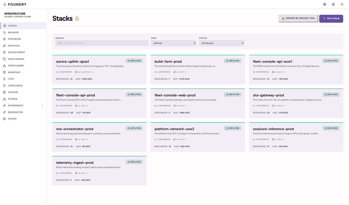 Foundry's Stacks page: ten StrataForge Robotics stacks as cards, each marked deployed with its account, region, and resource count.